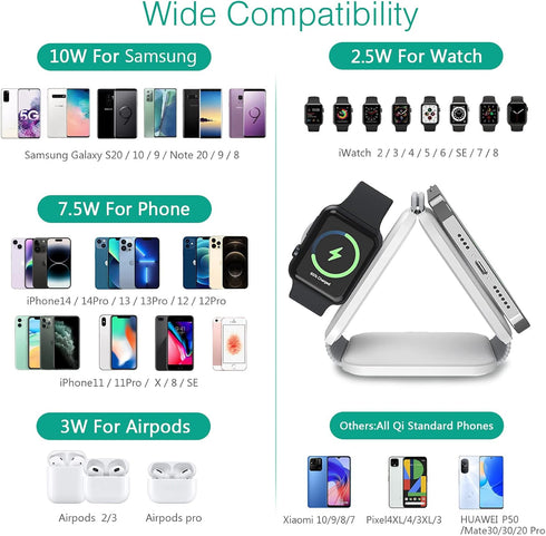 ORIA 3 in 1 Foldable Wireless Charger, Fast Wireless Charging Pad with Charging Indicator Light, Foldable Charging Station for iOS, i Watch, Air P...