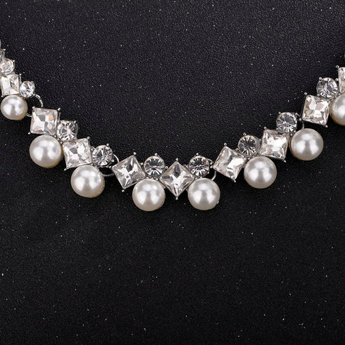 Bride Silver Necklace Earrings Set Pearl Bridal Wedding Jewelry Set Rhinestone Choker Necklace for Women and Girls...