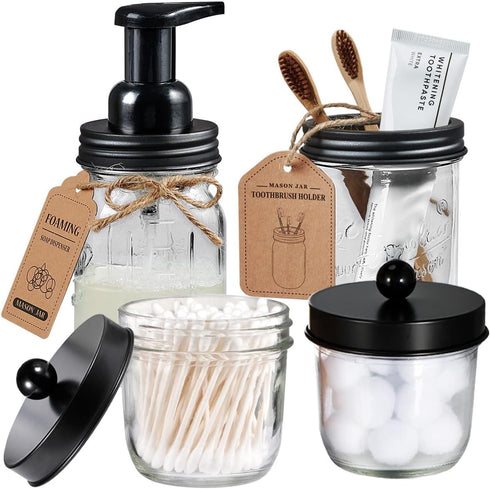 Amolliar Mason Jar Bathroom Accessories Set(4 Pack) - Foaming Soap Dispenser&Qtip Holder Set&Toothbrush Holder-Rustic Farmhouse Decor Bathroom Org...