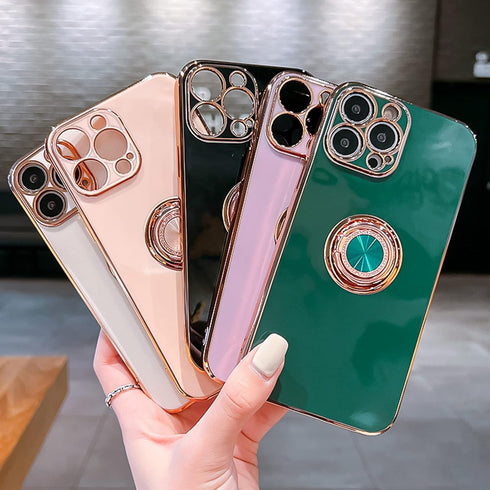 Case for iPhone 15 Pro Max Ring Holder Case with Diamond Shiny Plating Rose Gold Edge Built-in 360 Rotation Magnetic Kickstand for Women Girls Sli...