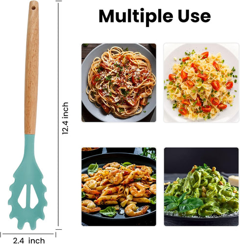 Silicone Spaghetti Spoon, Pasta Fork, 12.6 Inch Noodle Spoon, Pasta Spoon with Wooden Handle, Spaghetti Server for Cooking, BPA Free, Green...