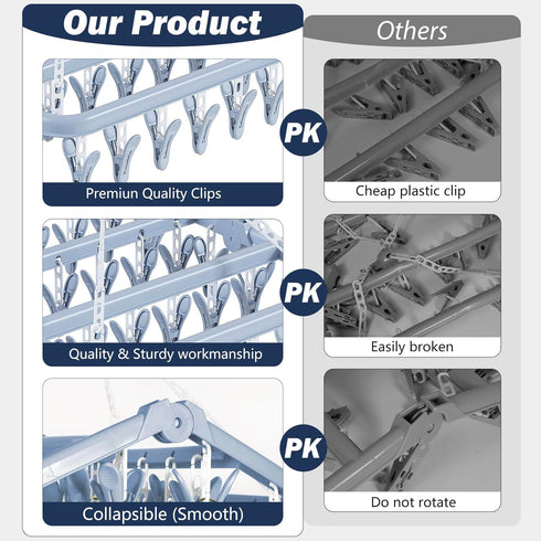 Aolloa Clothes Drying Rack with 32 Clothespins, Bule Foldable Hanging Drying Racks, 360° Rotatable Hook for Drying Towels Bras Baby Clothes Gloves...