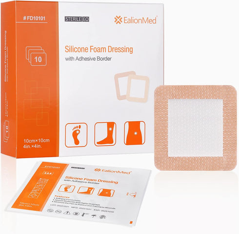 EalionMed Silicone Foam Dressing with Gentle Adhesive Border 4''x4'', 10 Pack, Painless Removal High Absorbency Bed Sore Wound Bandage for Pressur...