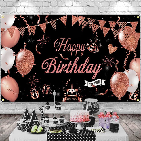 KOKAR Happy Birthday Decorations Banner, Large Black and Rose Gold Happy Birthday Banner Sign, Happy Birthday Backdrop for Girls Women Birthday Pa...