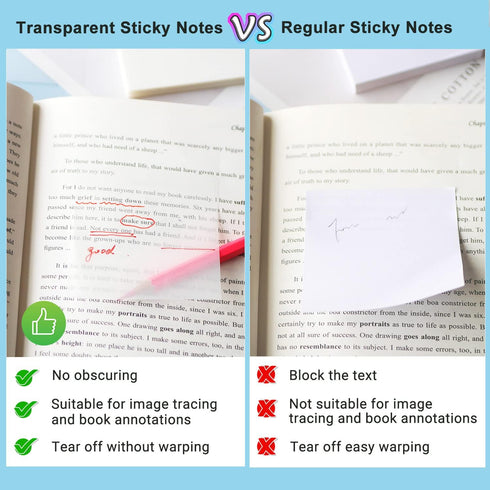 600 Sheets Transparent Sticky Notes, 3 x 3 inch Clear See Through Sticky Notes and Translucent Writable Book Tabs, Annotation kit, for Book Annota...