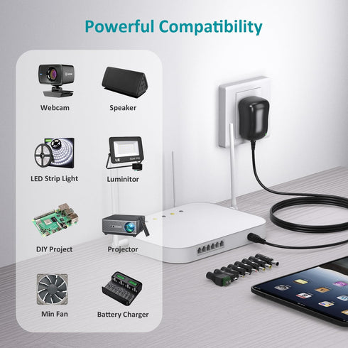 12W Universal Power Supply 12V 9V 7.5V 6V 5V 4.5V 3V 1A AC to DC Adapter for Led Strip Router Speaker CCTV Camera Tablet Radio 3 to 12 Volts 1000m...