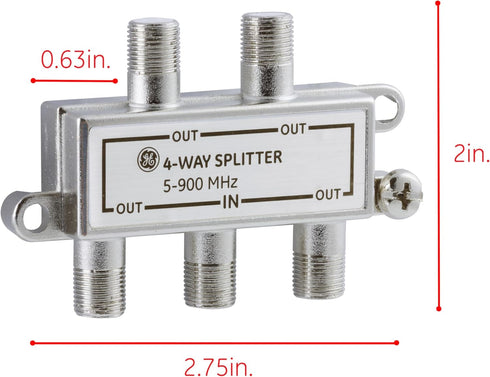 GE 4-Way Coaxial Cable Splitter, 5-900 Mhz Range, RG59 RG6 Coax Compatible, Audio, Video, Works with HD TV, Cable, Amplifiers, Amplified Antennas,...