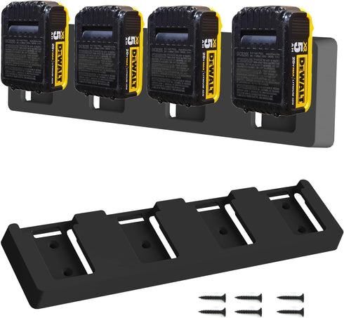 Battery Rack Compatible DeWalt 20V Battery Holder, Mount 4 Slot Bulk Battery Garage Tool, Dewallt 20v Tools, Wall Display Hook Holder (Black 1pc)...