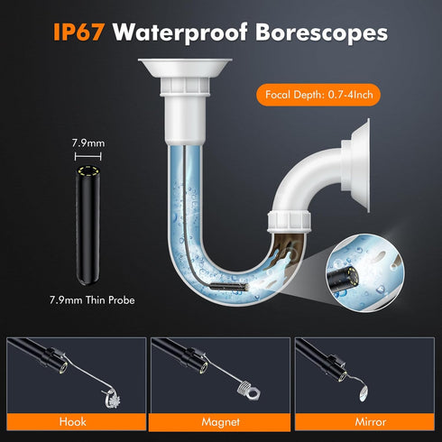 Borescope Camera with Light Endoscope Camera with Light iPhone, 1920P HD Inspection Camera Endoscope Camera for Android, IP67 Waterproof Portable ...