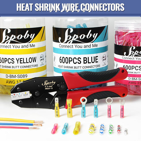 210PCS Heat Shrink Butt Connectors, Sopoby Marine Grade Electrical Wire Connectors Kit, Tinned Red Copper Insulated Waterproof Crimp Terminals But...