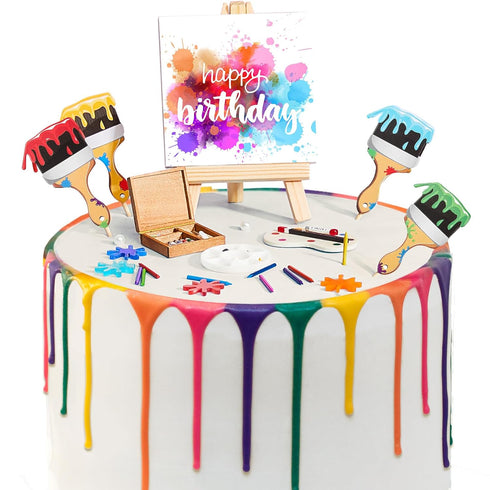 Taiyin Art Cake Decorations Paint Brush Cupcake Toppers Art Paint Cake Topper Artboard Palette Cake Topper Artist Themed Cake Decor for Girl Boy K...