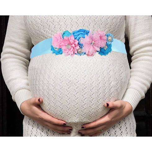 Gender Reveal Maternity Sash - Baby Reveal Pregnancy Sash Keepsake Baby Shower Flower Belly Belt (Pink & Blue)...