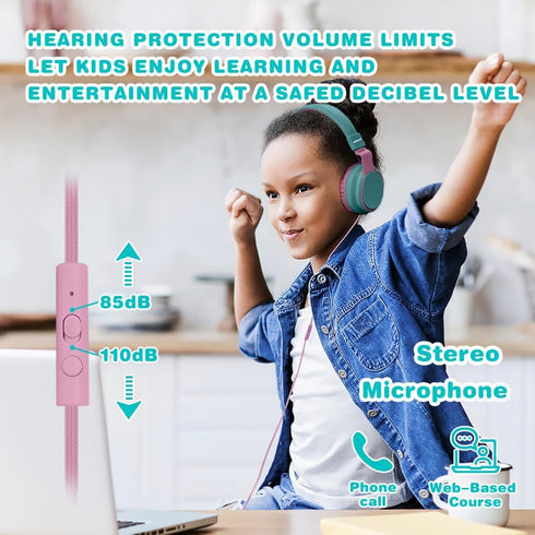 Volume Limited 85/96dB Kids Headphone Over-Ear/On-Ear Foldable Sound Noise Protection Headset with Inline AUX 3.5mm Cord w/Mic for Child School Ce...