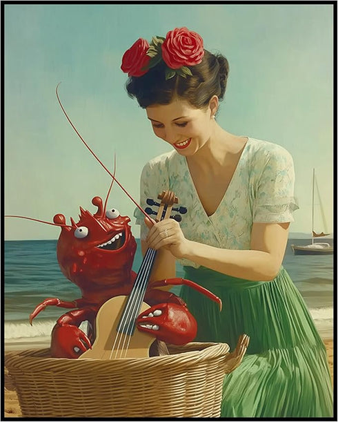 Posterizer 1 pcs-vintage comical beach scene-woman teaching music to lobster-Comedy Art-Retro Art-Gift for Art Lovers- unframed wall art...