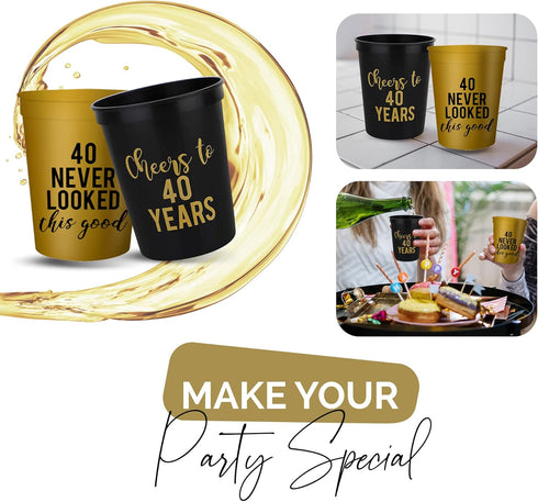 Your Dream Party Shop Cheers to 40 Years Birthday Cups- Gold 40 Never Looked So Good Cups, Set of 12, Black and Gold 40th Birthday Decorations for...