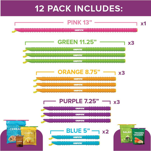 GripStic 12pc Assorted Bag Clips. Durable and reusable chip clips seal food bags air tight. Set includes: (2) 5" Blue, (3) 7.25" Purple, (3) 8.75"...