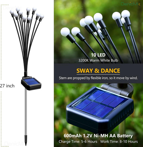 DenicMic Solar Garden Lights Outdoor 10 LED Solar Firefly Lights with Highly Flexible Copper Wire, Solar Lights Outdoor Waterproof for Pathway Yar...
