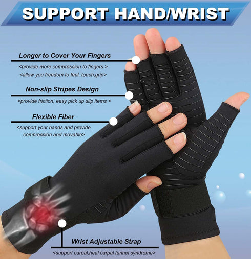 2 Pairs Copper Arthritis Gloves for Carpal Tunnel Pain Relief, Compression Gloves with Adjustable Strap to Alleviate Hand Pains,Fingerless Compute...