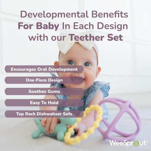 WeeSprout Handheld Teether Set (Matte Green, Pink & Off White)...
