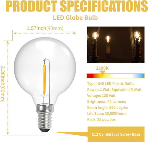 G40 Light Bulbs Replacement,1 Watt Shatterproof Plastic LED Globe Bulbs for Outdoor Indoor String Lights,E12 or C7 Candelabra Base, Equivalent 5Wa...