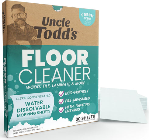 Uncle Todd's Ultra Concentrated Floor Cleaner: 30 Planet-Friendly 100% Dissolvable Sheets, Filth-Fighting Enzymes, Plastic-Free Packaging. Just Dr...