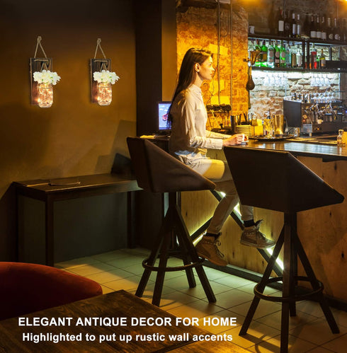 Greenco GRC2859 Wall Hung Mason Jar Sconce with Faux Flower and Led Strip Lights, Rustic...