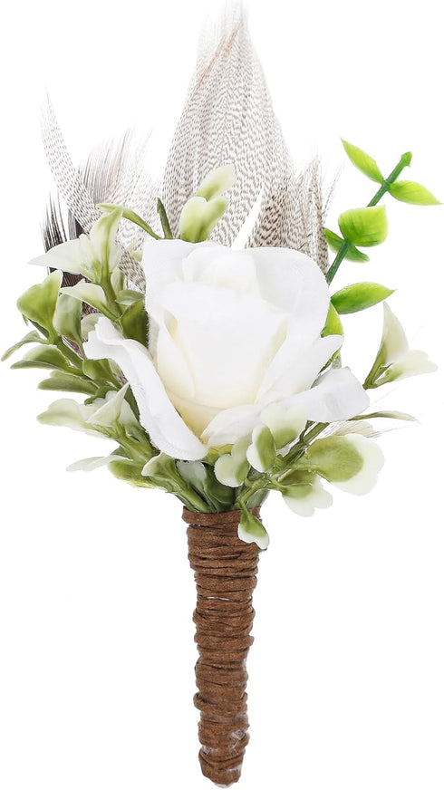 Rose Boutonniere for Men Wedding - Handmade White Corsage Feather Boutonnier for Woodland Wedding Groom Groomsmen Formal Dinner Party Ceremony Ann...