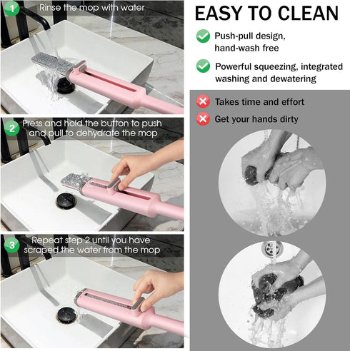 Portable Self-Squeeze Mini Mop, Short Mop Rotatable with Crevice Brush- 2 Reusable Microfiber Pads,Wet and Dry Use,Floor Window Cleaning System fo...