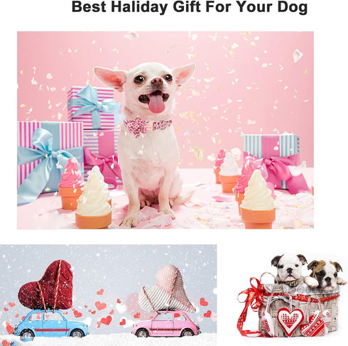 Valentine's Day Dog Collar with Bow Tie,White Red Pink Love Male Dog Collar with Safety Metal Buckle Adjustable Puppy Collars for Small Medium Lar...