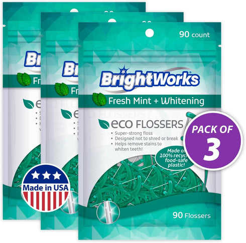 Brightworks ECO Sustainable Floss Picks - 270 Count - Made in USA100% Post-Consumer Recycled Plastic, Super Strong Mint-Flavored Floss with Micro-...