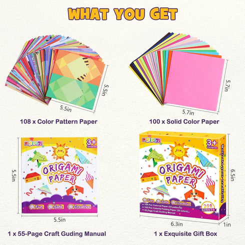 pigipigi Craft Origami Paper for Kids - 208 Sheets Vivid Colorful Folding Papers 54 Patterns Art Projects Kit for 5 6 7 8 9 10 11 12 Years Old Gir...