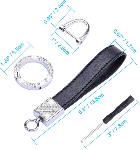 Wisdompro Genuine Leather Car Keychain, Bling Key FOB Holder Keychains for Women Girls with Crystal Rhinestones and 2 Keyrings - Black...