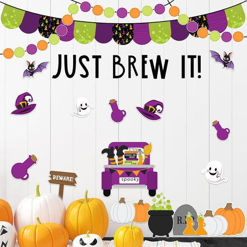 94Pcs Halloween Bulletin Board Decoration Kit Halloween Party Bulletin Board Set Pumpkin Bat Ghost Witch Paper Cutouts with Glue Points for Classr...