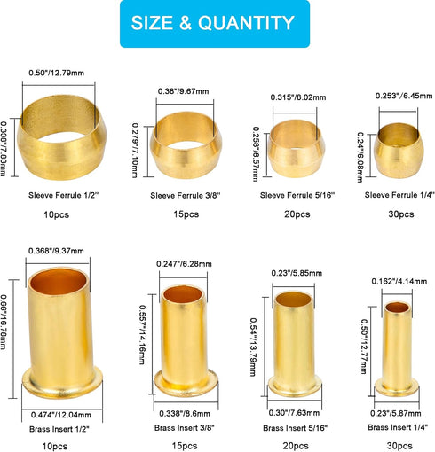 150PCS Tube OD?1/4" 5/16" 3/8" 1/2") Brass Compression Sleeves Ferrules & Insert,4 Sizes Brass Compression Fitting Assortment Kit...