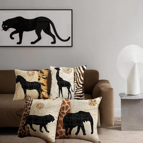 VENUSL Set of 4,African Animals,Giraffe,Elephant,Horse,Leopard with Zebra Pattern & Leopard Pattern Decorative Throw Pillow Covers,One-Side Printe...