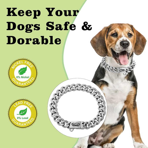 Stainless Steel Silver Gold Dog Collars with Safety Buckle Lock,18K Cuban Link Chain Training Collar,15MM Strong Dog Necklace Heavy Duty Chew Proo...