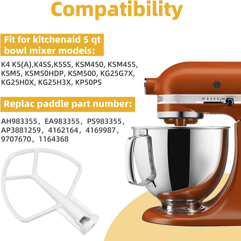 K5AB K5SS Coated Flat Beater Replacement for Kitchenaid 5 Qt Bowl Mixer K4 K5 KP50 KSM5 KSM50 KSM500PS KSM450, Paddle Attachment for Kitchenaid Mi...