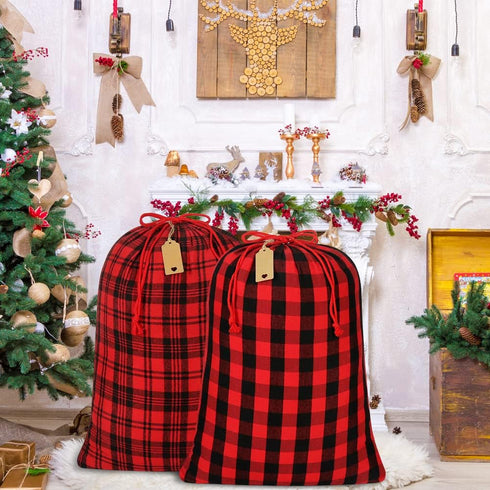 HRX Package 2pcs Cotton Santa Bag, 28x20 inch Plaid Fabric Drawstring Christmas Bags, Reusable Cloth Wrapping Bag with Gift Tag for Xmas Presents...