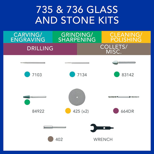Dremel 735-01 Glass Etching Rotary Tool Accessories Kit - 8 Piece Set - includes Grinding Stones, Polishing Disc, and Diamond Drill Bit, Blue...