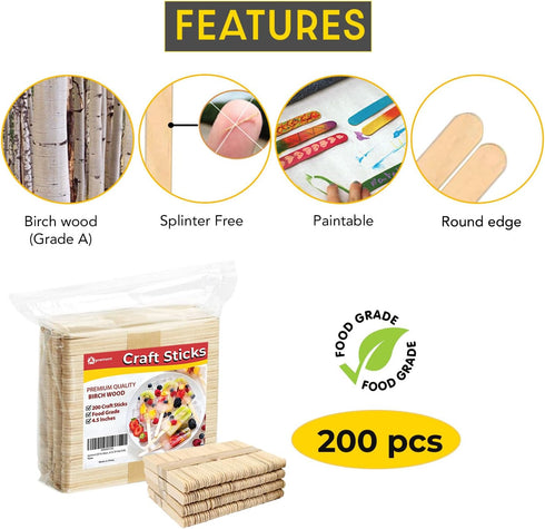 200 Pcs Natural Wooden Food Grade Craft Sticks - Ice Cream Stick - Popsicle - 4.5 inch Length - Suit Crafting, Stirring, Paddle, Waxing, Small Ice...
