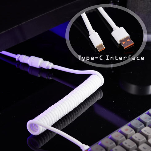 USB C Coiled Cable for Gaming Keyboard, Double-Sleeved Mechanical Coiled USB C Cable with Detachable Metal Aviator, USB-C to USB-A (White)...