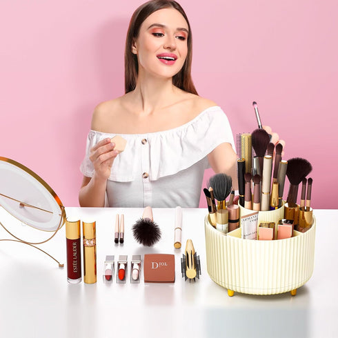 Makeup Brush Holder Organizer, 360° Rotating Makeup Brush Organizer, Cosmetics and Perfume Organizer, Desktop Storage Tray for Cosmetics and Skinc...