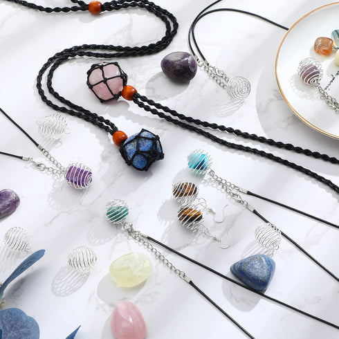 66 Pieces Empty Stone Holder Quartz Stone Necklace Cord Fish Netted Cord Adjustable Crystal Holder Spiral Bead Cages Pendants Black Waxed Necklace...