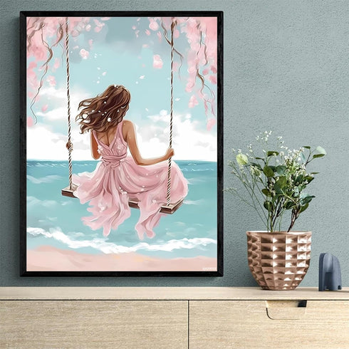 QAZWSX Diamond Painting Beautiful Girl Swing Beach Diamond Art Beach Scenery Gem Art Easy for Beginner Gems Cross Stitch Mosaic Craft Hobby Wall A...