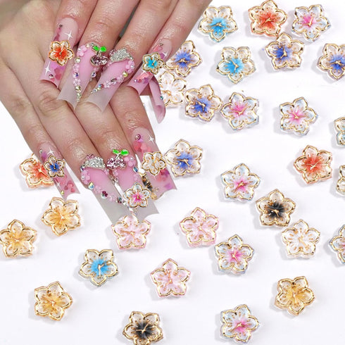 50Pcs Flower Nail Charms 3D Lovely Flower Charms Nail Rhinestones Gold Edge Glaze Design Resin Nail Jewels Colorful Floral Nail Art Charms Supplie...