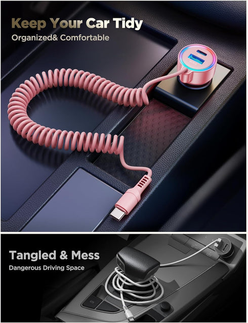 60W USB C Car Charger Fast Charge PD& QC3.0 with 30W Type C 5ft Coiled Cable, Car Phone Charger Adapter for iPhone 15 Pro Max Plus, Samsung Galaxy...