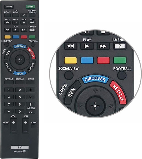 Universal RM-YD102 Remote Control for Sony Smart LED HDTV Television with 3D Button, Discover & Netflix Button (1-492-766-11)...