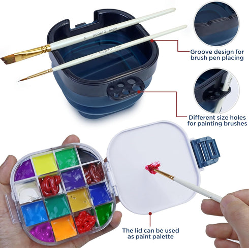 Airtight Paint Saver Storage Palette Box, 16-Well Palette Box with Lid, Include Paint Brush Basin, Perfect for Gouache, Acrylic, Watercolor and Oi...