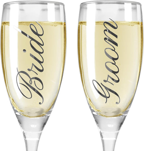 BANBERRY DESIGNS Bride and Groom Champagne Glasses Set of 2 Elegant Toasting Flutes Silver Wedding Champagne Set Wedding Glasses 6 oz...