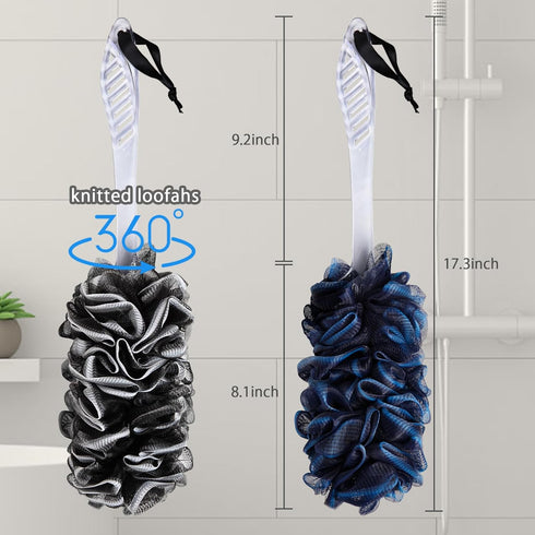 2Pack Loofah Sponge, Qewro Dual-Sided Loofah on a Stick Exfoliating Body with Long Handle, Body Scrubber for Back use in Shower with Loufas or Luf...